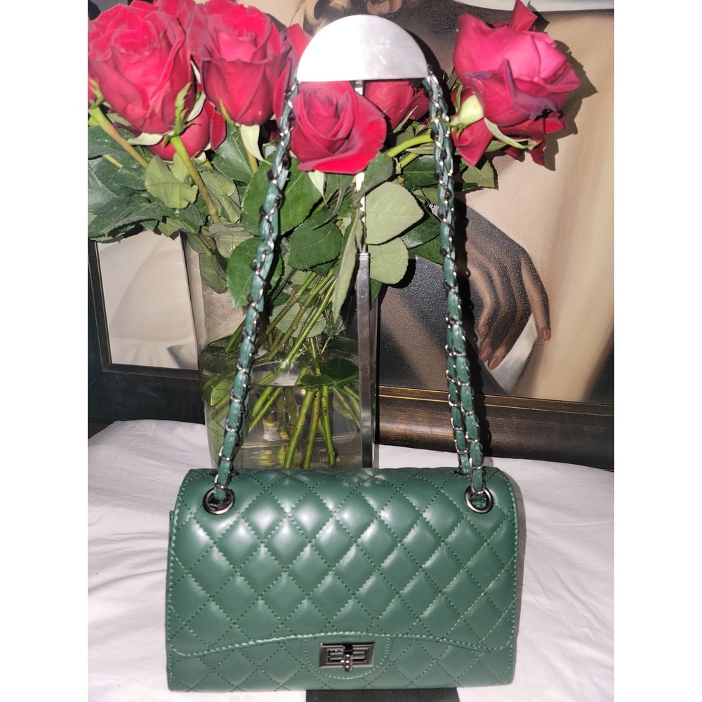 Dark Green Quilted Flap Shoulder Bag Silver Chain Strap Emerald Green Handbag